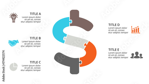 Vector puzzle dollar infographic, cycle diagram, money graph, presentation chart. Business currency concept with 5 options, parts, steps, processes. 16x9 slide template.