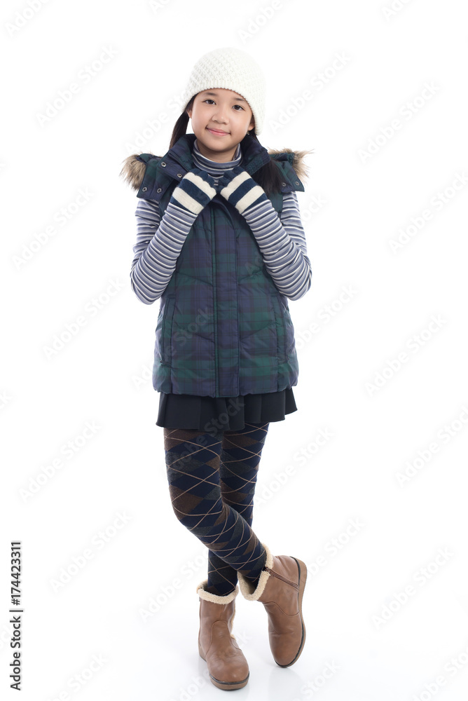 Cute Asian child in blue winter clothes open palm hand Cute Asian child in blue winter clothes open palm hand