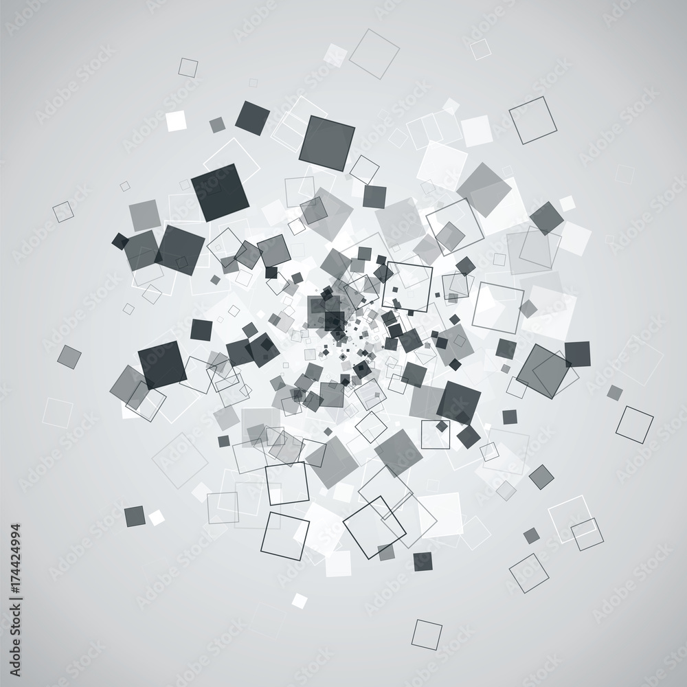 Abstract explosion from random placed monochrome squares. Vector modern technology background