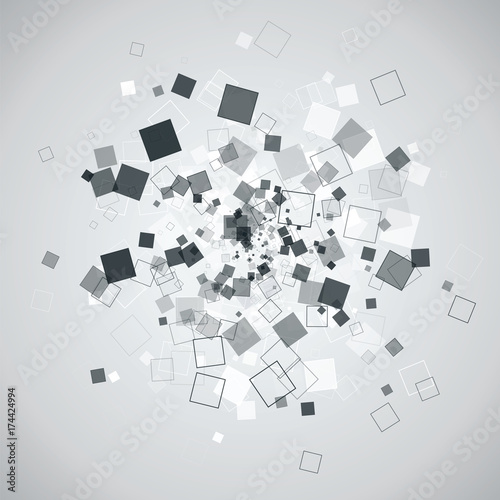 Abstract explosion from random placed monochrome squares. Vector modern technology background