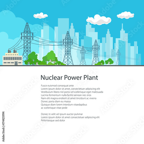 High Voltage Power Lines Supplies Electricity to the City and Text, Electric Power Transmission, Poster Brochure Flyer Design, Vector Illustration