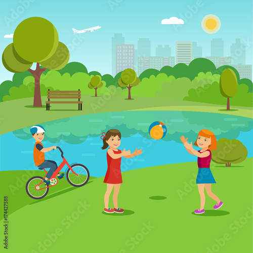 Children playing in the summer city park near the lake. Vector flat illustration.