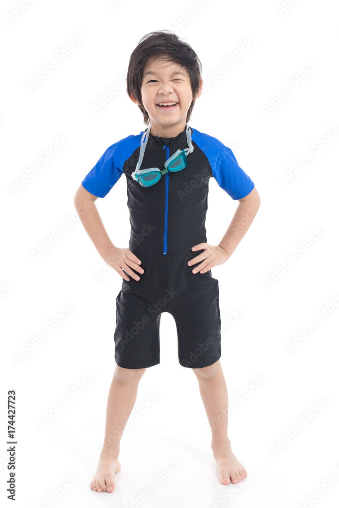 Asian child in swimsuit on white background isolated Asian child in swimsuit on white background isolated