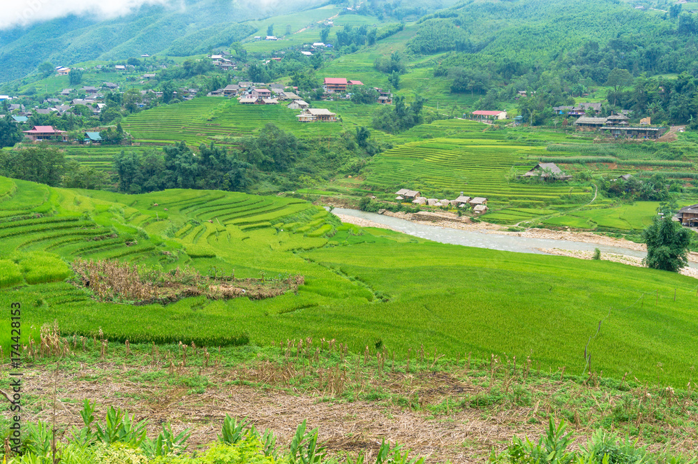 Fototapeta premium Countryside mountain landscape with rice terraces and villages