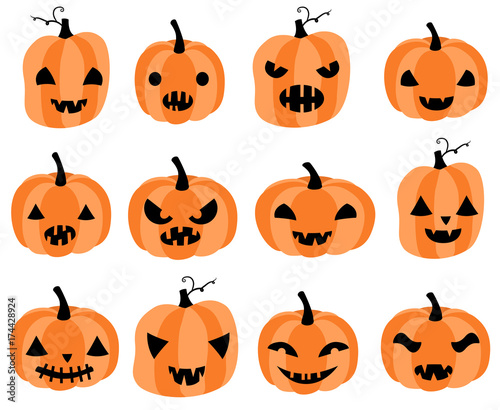 Vector set with carved Halloween pumpkins with different face expressions for greeting cards, invitations and scrapbooking