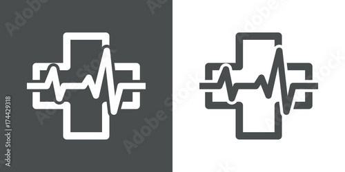 Icono plano cruz con ritmo cardiaco gris y blanco