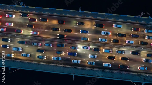 Aerial timelapse of freeway traffic city rush hour. Heavy traffic jam. UHD, 4K