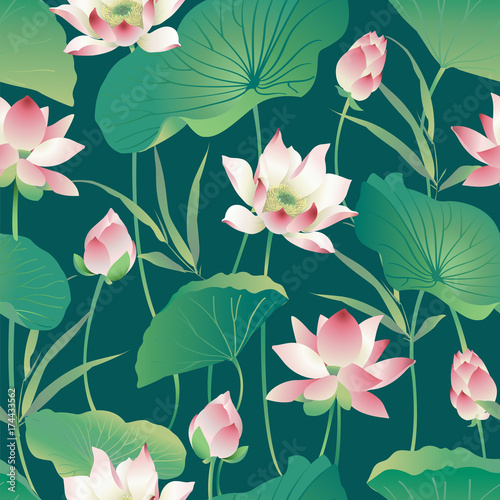 Vector seamless pattern lotus flowers and leaves. Watercolor.