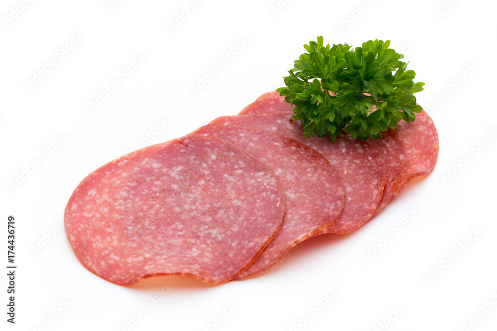 Salami slices isolated on white background. Salami slices isolated on white background.
