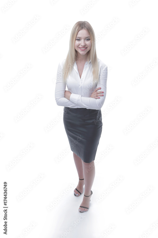 portrait in full growth confident young business woman making a move. portrait in full growth confident young business woman making a move.