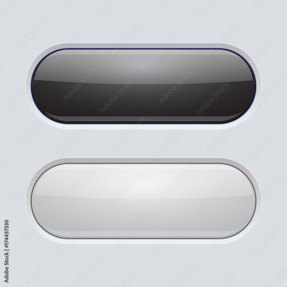Black and white plastic buttons on gray background Black and white plastic buttons on gray background