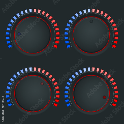 Set of fan temperature black knob switches. On black background