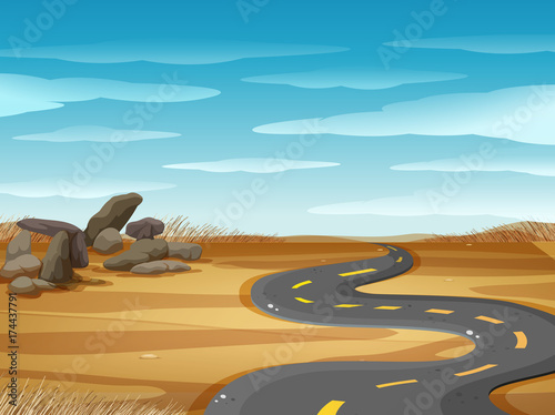 Scene with empty road in desert ground