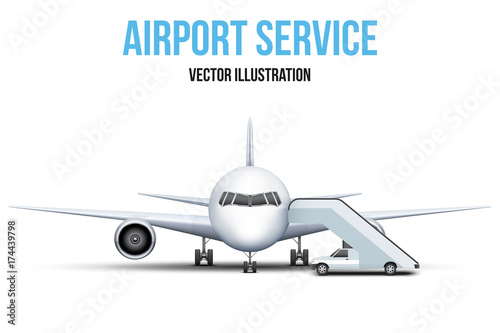 Illustration of Airport service. Front view of Civil Aircraft standing on the chassis and service stair car. Public or private plane. Vector isolated on background.