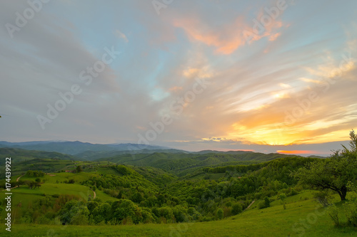 Mountain valley during bright sunrise. Beautiful natural landscape