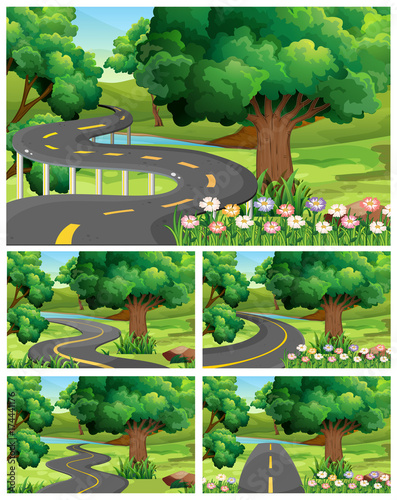 Five scenes of garden with empty road