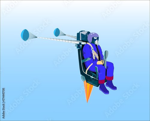 Catapultation jet pilot after leave the plane on blue sky background.