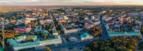 Aerial panoramic view on central park in Poltava city, Ukraine. Sunset, low light image. photo