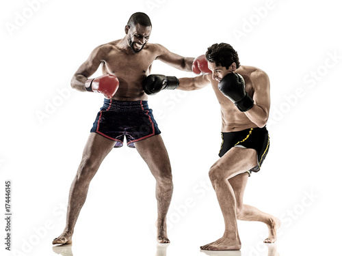 two caucasian Muay Thai kickboxing kickboxer thai boxing men isolated on white background