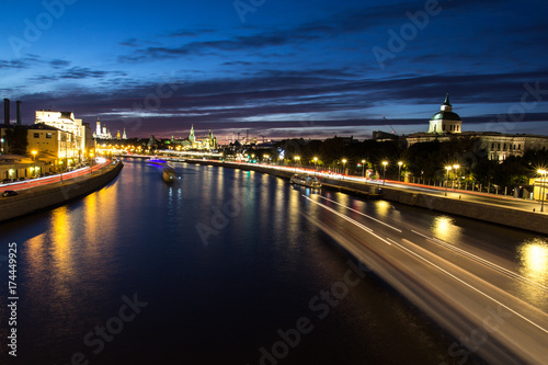 Night panorama of Moscow. Kremlin. Charge. Moscow river