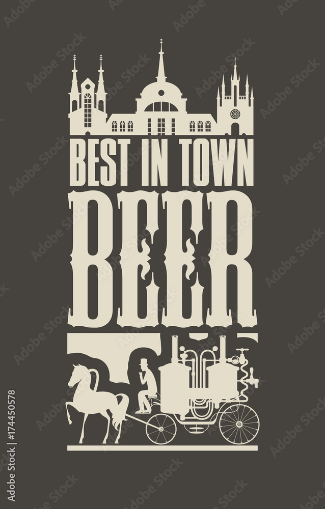 Vector banner on the beer theme with a vintage horse-drawn carriage in the old city in a retro style on black background