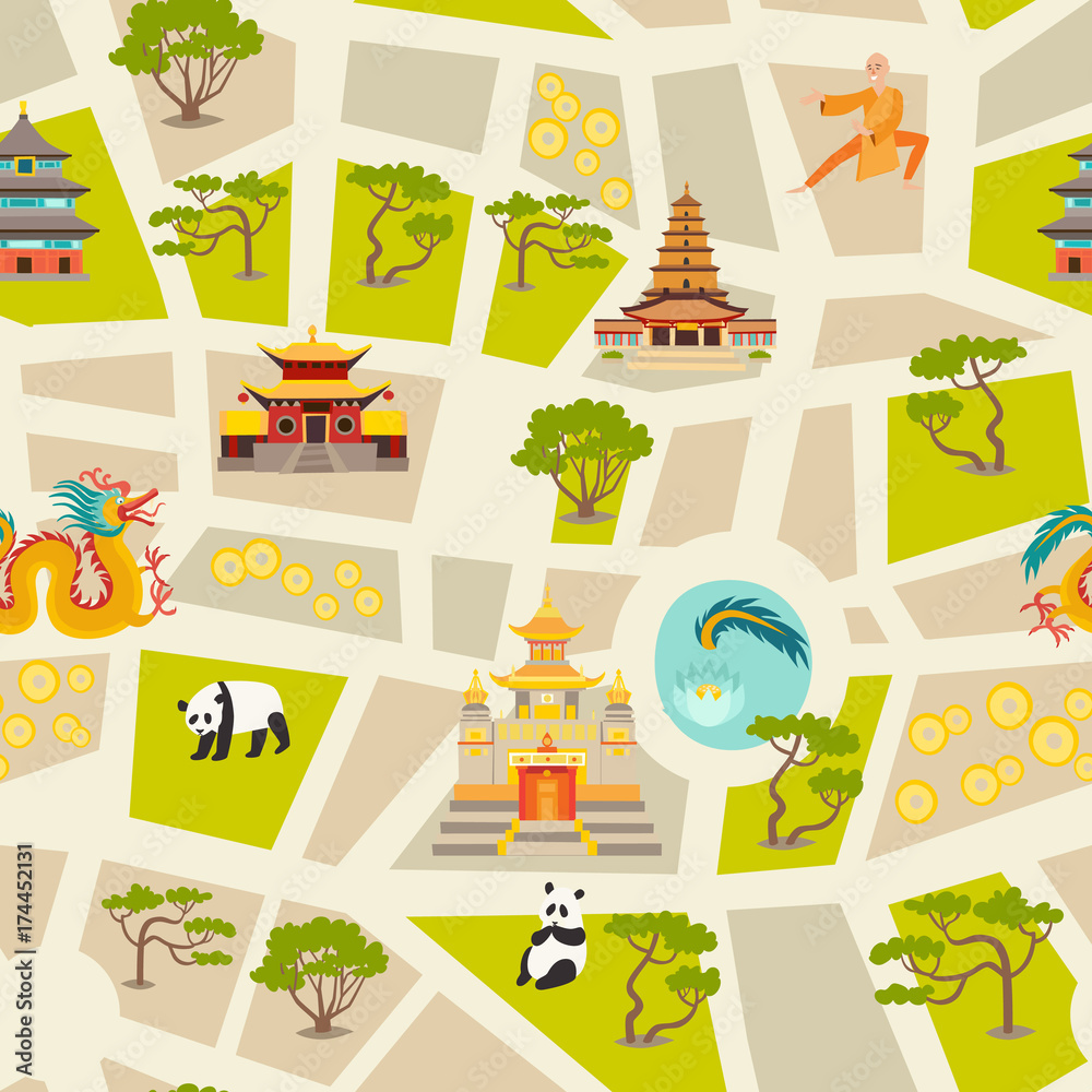 Abstract chinese map seamless vector background. Landmarks icons, temple,  dragon, Shaolin monk and trees. Flat cartoon style design Stock Vector |  Adobe Stock