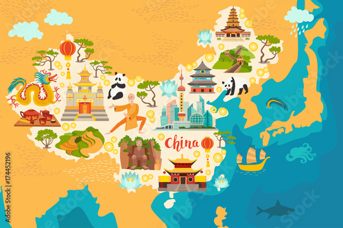Fototapeta China abstract map, hand drawn vector illustration