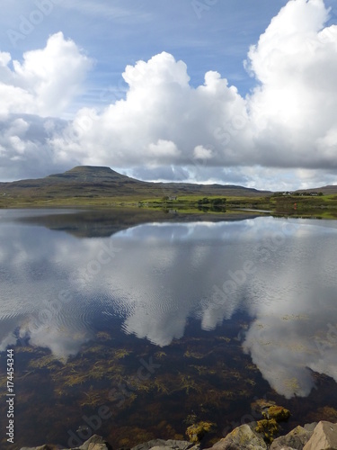 Clouds reflected in the still waters of Loch Dunvegan, Skye, with Macleod's Table in distance