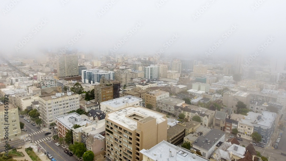 Aerial skyline of foggy San Francisco