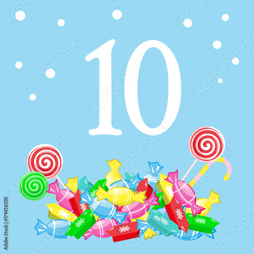 Christmas advent holiday calendar banner. Sweet candy, snowflakes on background with snowflakes. Cartoon style. Vector illustration