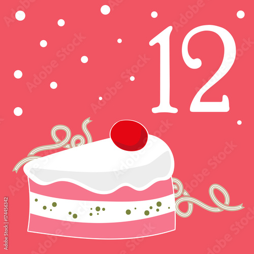 Christmas advent holiday calendar banner. Sweet cake on background with snowflakes. Cartoon style. Vector illustration