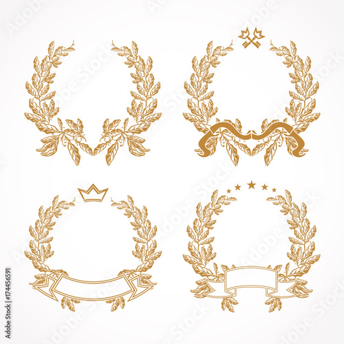 Vector gold laurel branches. Palms, keys and golden ribbons collection. Luxurious isolated abstract logotype. Congratulating round template framed in palms. Celebrating traditional graduation circle.