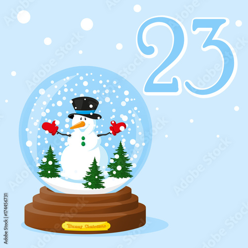 Christmas advent holiday calendar banner.  Gift snowball with snowman inside on blue background with snowflakes. Cartoon style. Vector illustration