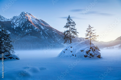 Beautiful winter landscape at frozen Lake Hintersee, Ramsau, Bavaria, Germany