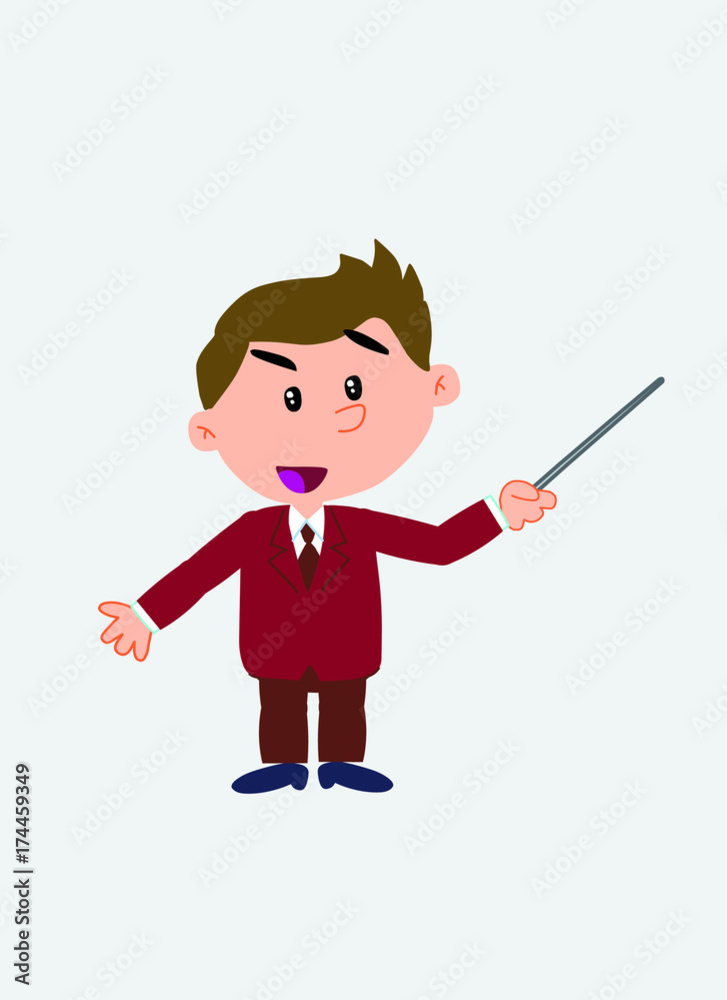 White businessman. Vector illustration isolated in a funny cartoon style. The character points with a pointer something to his side in a positive attitude. White businessman. Vector illustration isolated in a funny cartoon style. The character points with a pointer something to his side in a positive attitude.