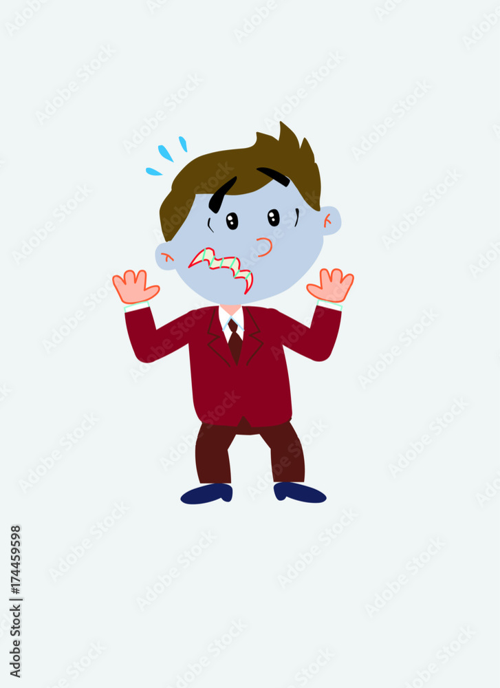 White businessman. Vector illustration isolated in a funny cartoon style. The character is terrified at something.