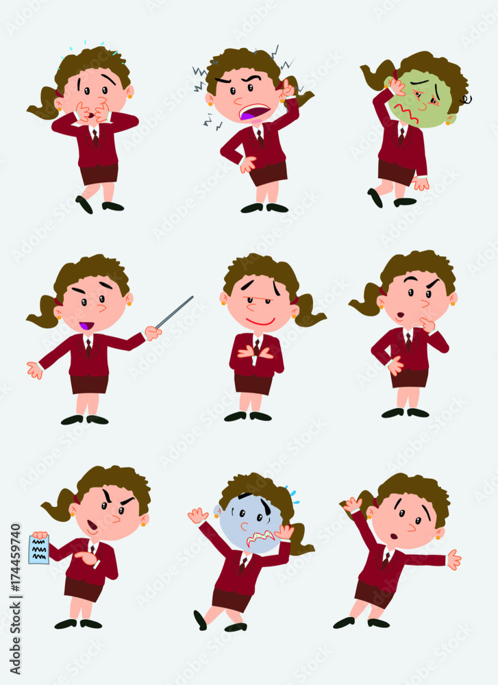businesswoman character. Set with 9 variations for design work and animation.The character is angry, sad, happy, doubting…  Vector illustration to isolated and funny cartoons characters.