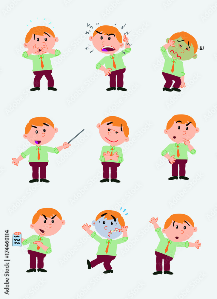 Businessman character. Set with 9 variations for design work and animation. The character is angry, sad, happy, doubting, etc. Vector illustration to isolated and funny cartoons characters. Businessman character. Set with 9 variations for design work and animation. The character is angry, sad, happy, doubting, etc. Vector illustration to isolated and funny cartoons characters.