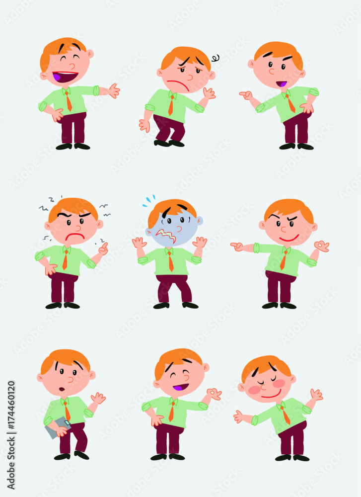 Businessman character. Set with 9 variations for design work and animation. The character is angry, sad, happy, doubting, etc.  Vector illustration to isolated and funny cartoons characters.