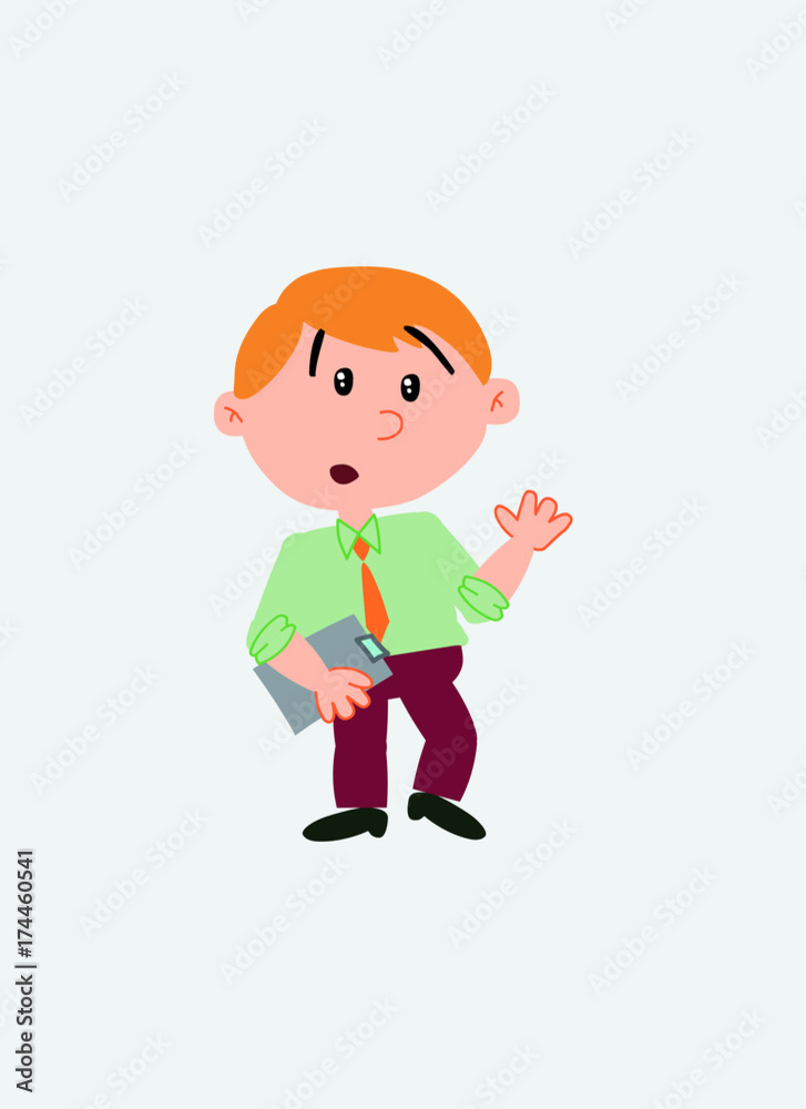 White businessman. Vector illustration isolated in a funny cartoon style. The character is surprised by something at his side; Has a document in his hand.