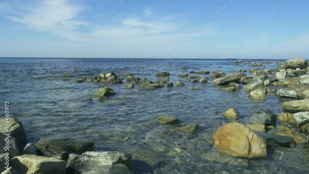 Sea rocky shore with clear blue water in the distance gulls on rocks and cargo ships in the roadstead Sea rocky shore with clear blue water in the distance gulls on rocks and cargo ships in the roadstead