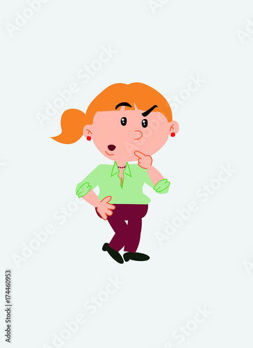White businesswoman. Vector illustration isolated in a funny cartoon style. The character is doubting.