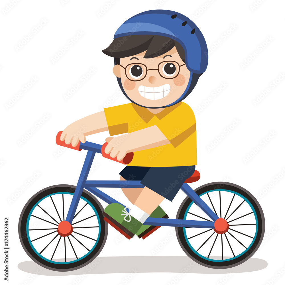 Naklejka premium A Cute Boy with glasses. He riding a bicycle on a white background.
