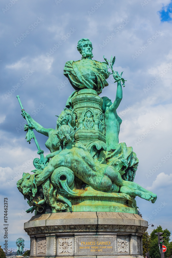 The monument to Francis Garnier in Paris, France. Monument is an ensemble carved in 1898, dedicated to Francis Garnier, naval officer and French explorer.