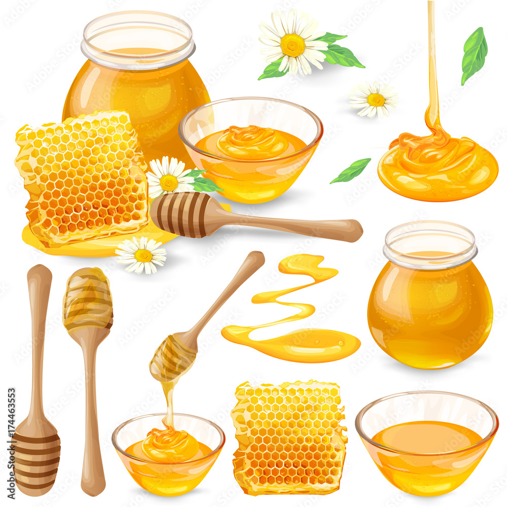 Set of vector illustrations of honey in honeycombs, in a jar dripping from a honey bucket, isolated on a white background in a realistic style. Template, design element, print. - obrazy, fototapety, plakaty 
