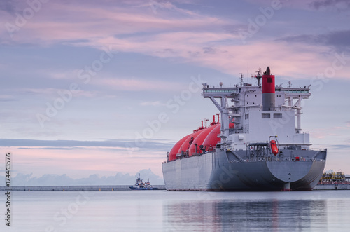 GAS CARRIER IN PORT - Ship at the harbor at dawn
