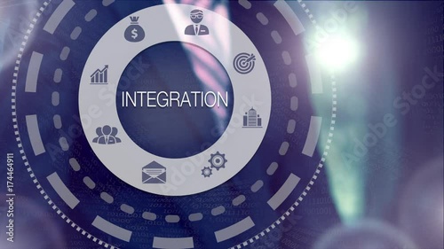 Businessman selecting and then pressing a Integration button on a clear projection screen