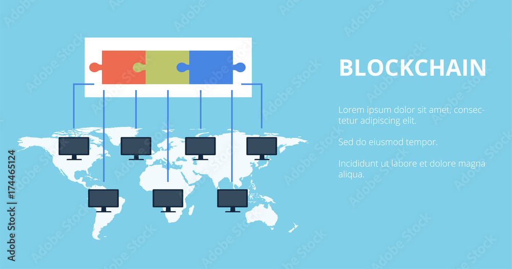 Block chain Technology vector illustration. Public database of transactions is recorded on computers running on the same network. Crypto currency concept.