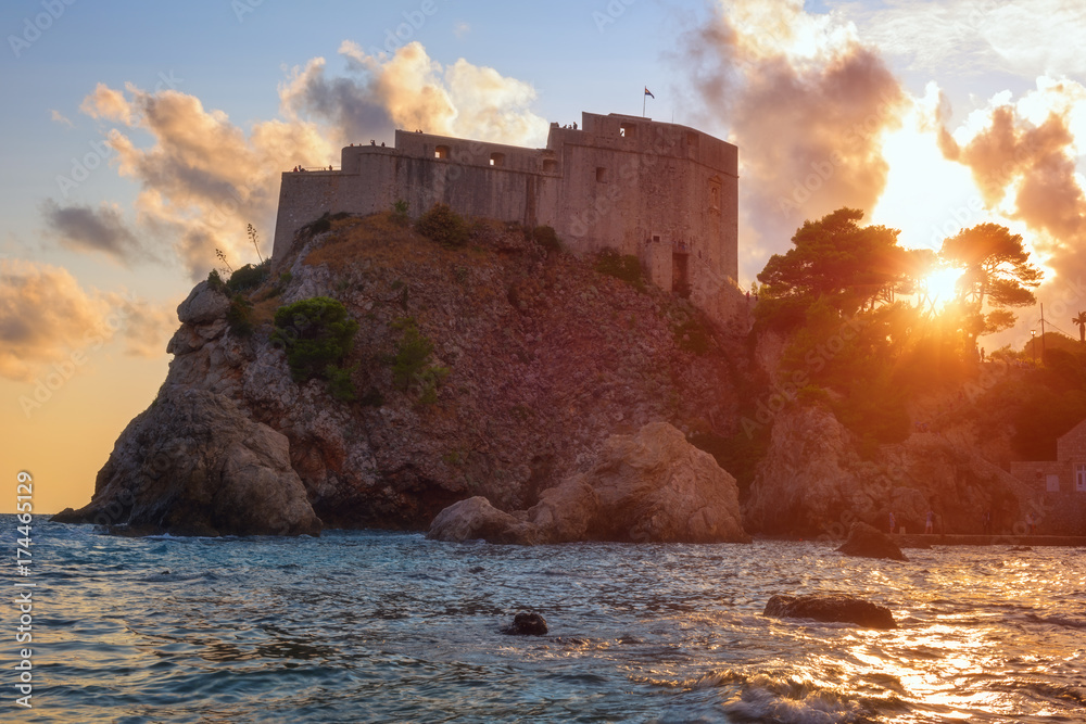 Fort Lovrijenac or St. Lawrence Fortress in Dubrovnik at sunset, famous tower also known as Dubrovnik's Gibraltar, popular tourist destination thanks to the fans of the Games of Thrones, Croatia