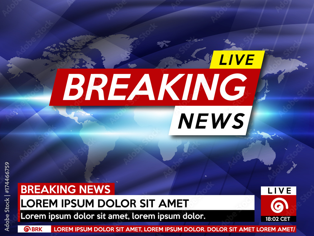 Screen saver on breaking news background. Urgent news release on  television. Breaking news live on world map background. Stock Vector